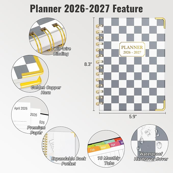 Daily Planner 2026-2027, 18 Month Planner with Tabs, January 2026 - June 2027 Weekly and Monthly Academic Year Calendar Spiral Time Management, 100GSM Thick Paper, Twin-Wire Binding, A5 Size, Checkered