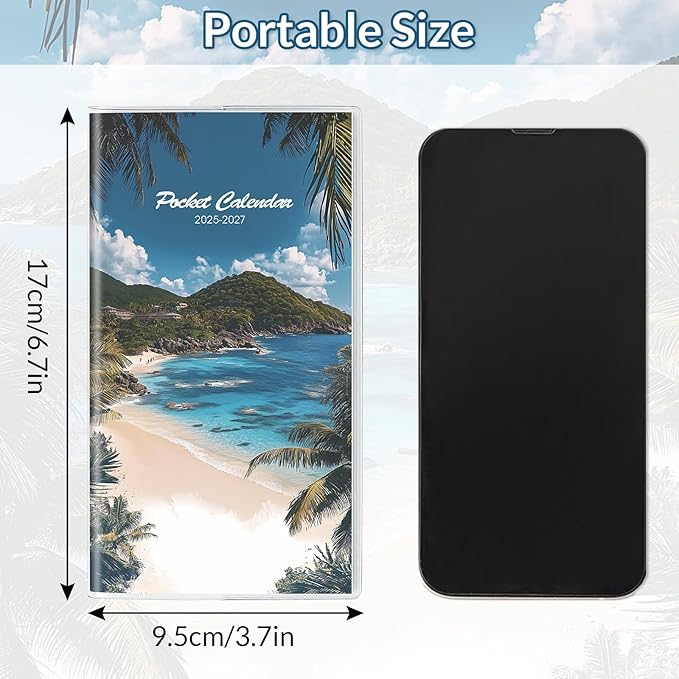 KONVINIT Pocket Calendar 2025-2027, Small Monthly Planner 2025-2027 - 3.7" x 6.7" - Runs from July 2025 Until December 2027, Pocket Calendar 2026 with Beach Cover for Planning