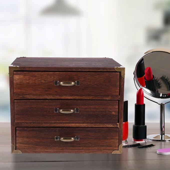 Alipis Wooden Desk Organizer, Wood Desktop Storage Cabinet Desk Drawer Organizer Vintage Treasure Box with Metal Handle for Home Office Counter Decor B