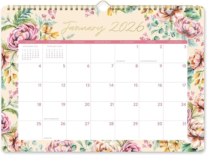 Orange Circle Studio Deluxe Wall Calendar 2025-26, Bella Flora, Large Monthly Planner with Hanging Hook for Home Office, Classroom or School Use, Family Calendar, Aesthetic Hanging Organizer