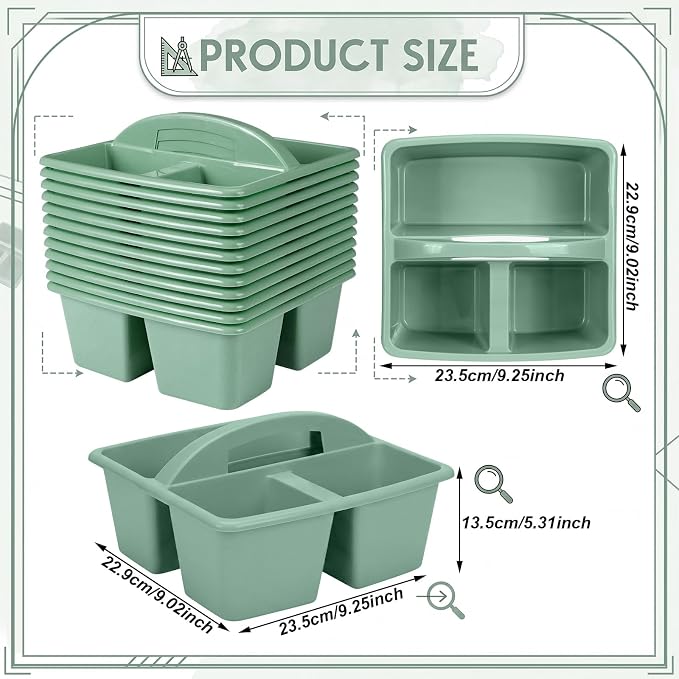 Geetery 12 Pack Eucalyptus Green Plastic Portable Storage Caddy, Sturdy 3 Compartment Table Organizer Caddy with Handle for Home Office Bathroom Countertop Vanity Desk Utility Supplies Storage
