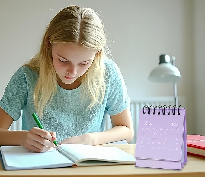 Mini Desk Calendar 2026-2027, January 2026 until July 2027, Small Desk Calendar Standing Flip Monthly Calendar Twin-Wire Binding with Stickers for Home Office School (Purple)