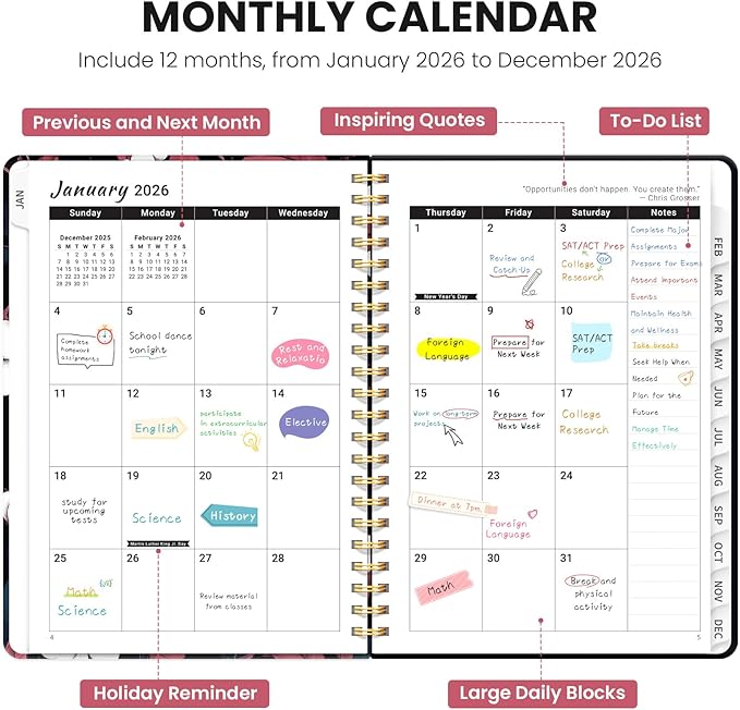 2026 Planner, Weekly and Monthly Planner for Women, January 2026 - December 2026, Hardcover 2026 Calendar Planner Book with Tabs, Inner Pocket, Spiral Bound, Perfect for Office Home School Supplies - A5 (6.3" x 8.5"), Crimson Wings