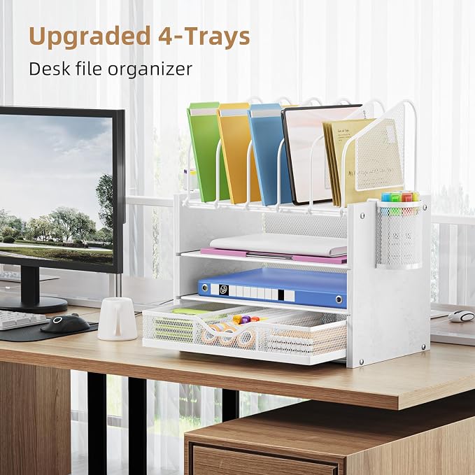 Marbrasse Desk Organizer with Drawer, 4-Tier Wooden File Organizer with 5 Vertical File Holders and 2 Pen Holders, Desk Organizers and Accessories for Home Office - White