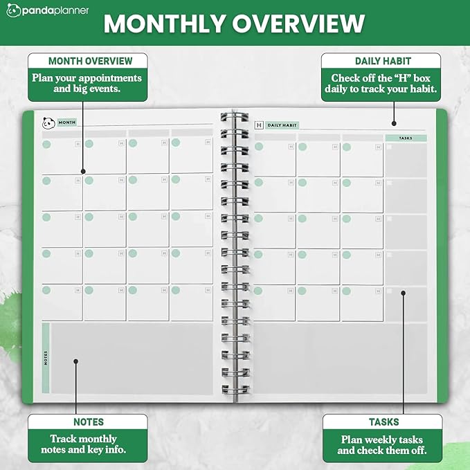 Panda Planner 2026 Undated Daily Planner 5.75" x 8.25" – 90-Day Spiral Productivity & ADHD Planner with Hourly Schedule, Habit Tracker, To-Do List & Monthly Calendar – Panda Journal for Home & Office (Green)