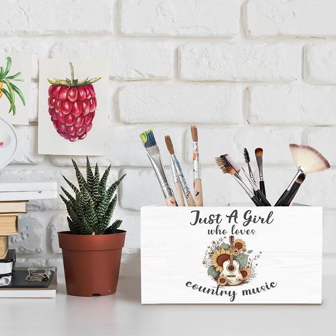 Western Cowgirl Pen Holder for Desk, Country Western Gifts Pencil Organizer, Just a Girl Who Loves Country Music Wooden Box Sign Desk Decor for Home Office Decoration