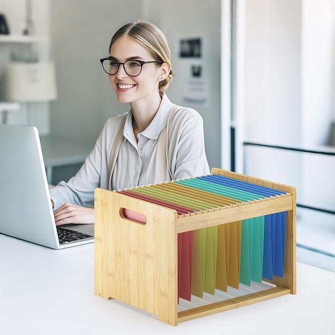Hanging File Organizer Box for Letter Size, 2 Pack Bamboo File Folder Organizer, Storage Moving Boxes with Handle Wood Desk Filing Box for Office Banker Document