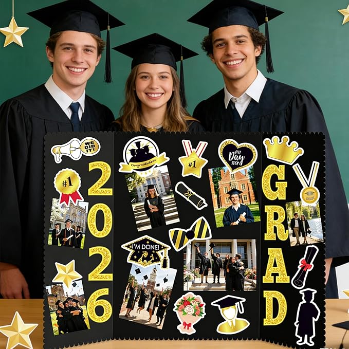 Graduation Photo Display Board - 4 Set Trifold Poster Board for Graduation Party, Folding Picture Presentation Frame for Multiple Pictures Table Decor (24x16 Inches)
