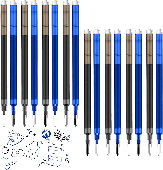 0.7 mm Erasable Gel Ink Pen Refills Compatible with Frixion Friction, Smooth Writing Multicolor Retractable Fine Point Pen Refill for School Office Home Art (Blue & Black, 16)