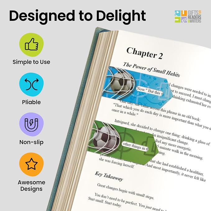 Gifts for Readers & Writers Linemarker Magnetic Bookmarks for Women & Men Soccer, Set of 2 Magnet Bookmark Clips, Magnetic Page Holder & Book Marker for Reading with Cute Bookmarks Design for Kids