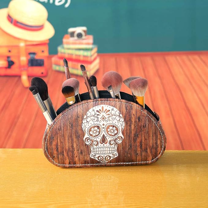 Remote Holder for Table, PU Leather TV Controller Holder with 5 Compartments, Remote Control Holder for Office Supplies, Wooden Look Sugar Skull Halloween Decor PH61