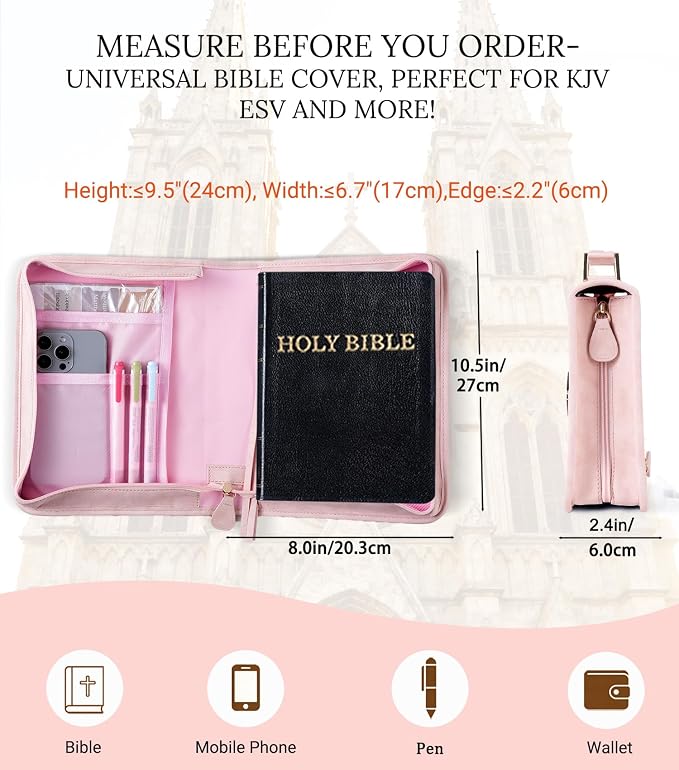 Vegan Leather Bible Cover for Men & Women, Bible Case with Gift Box, Christian Catholic Religious Bible Gifts (Pink)
