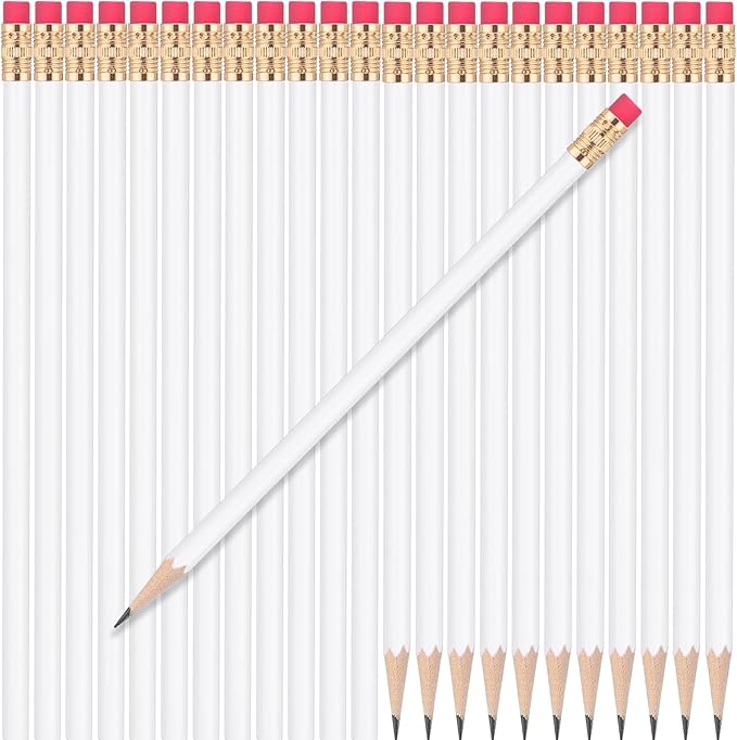 24 Pcs Round Pencils with Eraser 2 HB Cute Pencils Bulk for School Graphite Wood Color Unsharpened Pencil for Drawing Sketching Wedding School Teacher Supplies Student Reward(White)