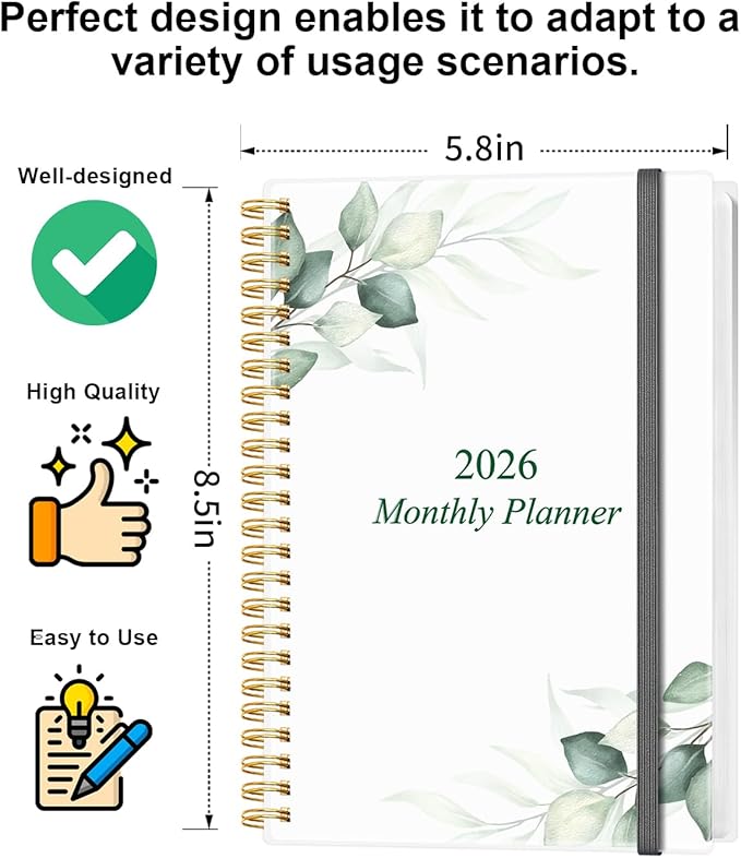 Monthly Planner 2026 - Monthly Calendar from January 2026 to December 2026, 2026 Planner with Inner Pocket, Elastic Band, 5.8" x 8.5", Green Leaf
