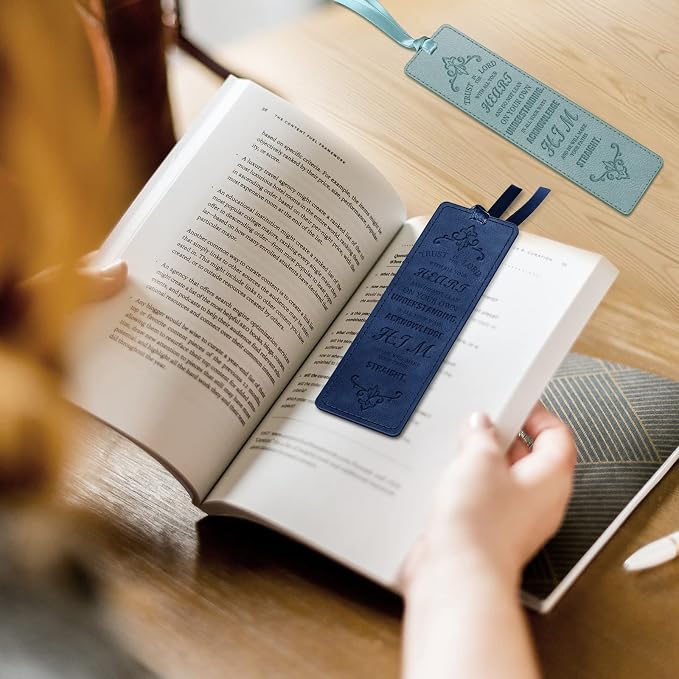 FINPAC Leather Bible Bookmarks, Vegan Religious Bookmarks, Bible Verse Book Markers Church Gifts for Women Men [Trust in The Lord with All Your Heart] - Turquoise + Navy