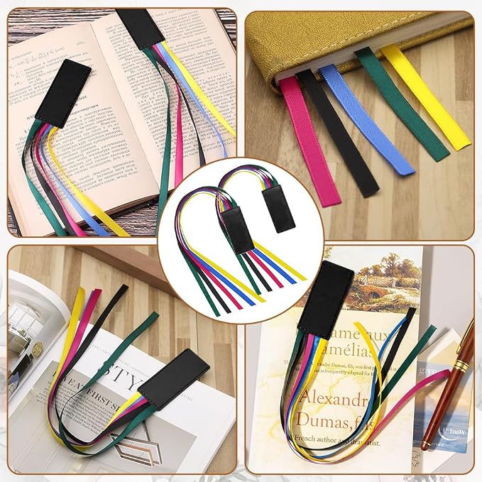 2 Pcs Bible Bookmark, Colorful Ribbon Bookmark, Artificial Leather Bible Ribbons Bookmarks, Page Markers with 5 Ribbons Colors for Books Novel Bible, Reading Lovers Students Teachers, Black