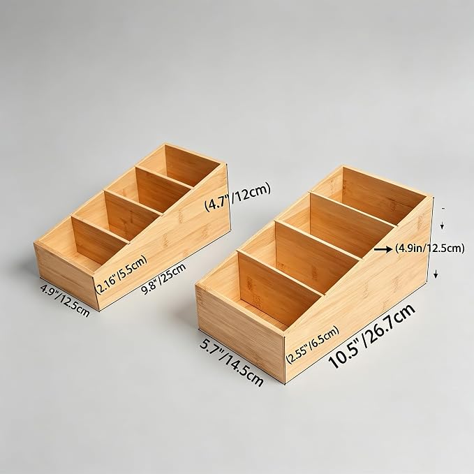 2 Pack Bamboo Snack Organizer for Kitchen, Cabinet, Office,countertop, Wood Food Pantry Organizers and Storage for Spices, Snacks, Tea, Coffee, Seasoning Pouches (4 Section)