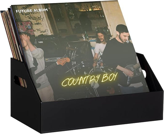 eletecpro No Assembly Acrylic Vinyl Record Storage with Handle, Holds up to 40 LPs, Multifunctional Record Holder Crate for Storing Album Covers, Modern Desk Organizer for Home, Black Vinyl Display