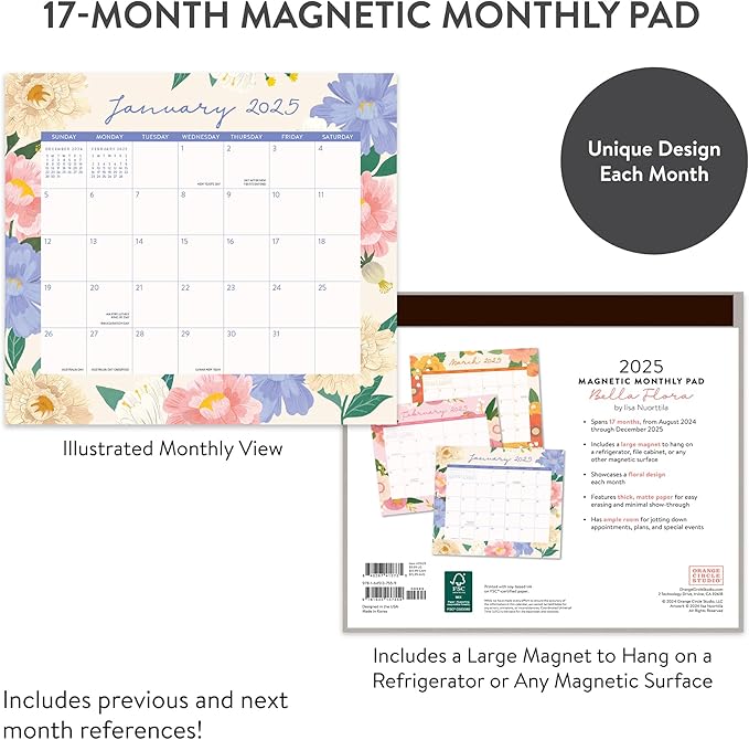 2025 Calendar - Magnetic Monthly Calendar 2024-2025, Orange Circle Studio 12 Month Calendar, 8.5" x 9.6" January 2025 - December 2025, Bella Flora Print, Magnetize to Fridge or Filing Cabinet