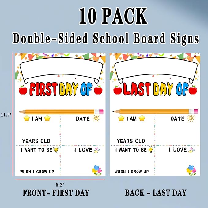 10 Pack First & Last Day of School Board - First Day of School Sign - 1st Day of Kindergarten Preschool Chalkboard Photo Prop, Gifts for Kids Girls Boys - 8 X 11