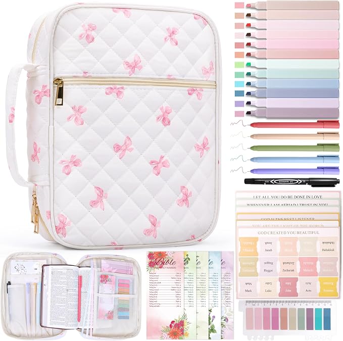 XKDOUS 30 Pcs Bible Bag Kit for Women Large Church Book Carrying Case with Handle, Study Supplies Carrier Portable Quilted Bible Cover Case Christian Gifts for Mom Lady Friends