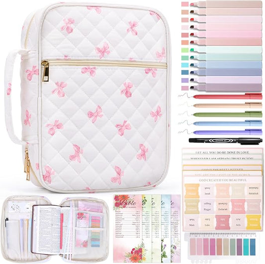 XKDOUS 30 Pcs Bible Bag Kit for Women Large Church Book Carrying Case with Handle, Study Supplies Carrier Portable Quilted Bible Cover Case Christian Gifts for Mom Lady Friends