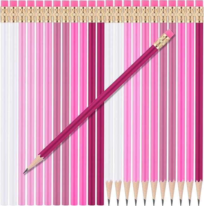 24 Pcs Round Pencils with Eraser 2 HB Cute Pencils Bulk for School Graphite Wood Color Unsharpened Pencil for Drawing Sketching Wedding School Teacher Supplies Student Reward(Light Pink)