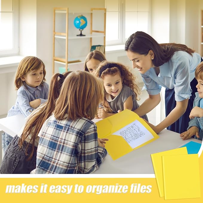 Gueevin 72 Pack Plastic Folder with Pockets, 2 Pocket Folders, Plastic Glossy Folders Fit Letter Size Paper, Heavy Duty Durable File Folder with Business Card for Home Office School (Yellow)