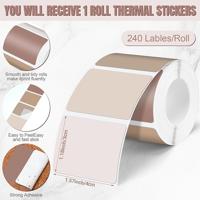 Ctosree 240 Pcs/ 1 Roll Square Thermal Sticker Labels Self Adhesive Direct Thermal Labels Multipurpose Printer Paper for DIY, Name Tag, 1.18 x 1.57 inches/ 30 x 40 mm (Morandi Color)