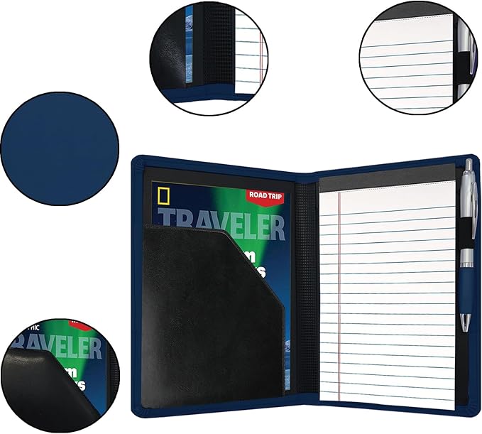 Classic Padfolio/Junior Portfolio Folder Case, Business A5 Binder Organizer Notepad for Men Women, 5 x 8 Writing Pad Included, Navy Blue