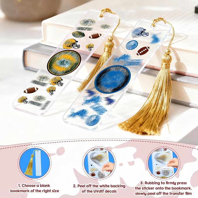 32 Pcs Rugby Football Gameday Waterproof UV DTF Bookmark Wraps, Acrylic Bookmark Blanks UV DTF Stickers, Football Team Rub on Transfers Stickers Decals for Book Lover DIY(Stickers Only)