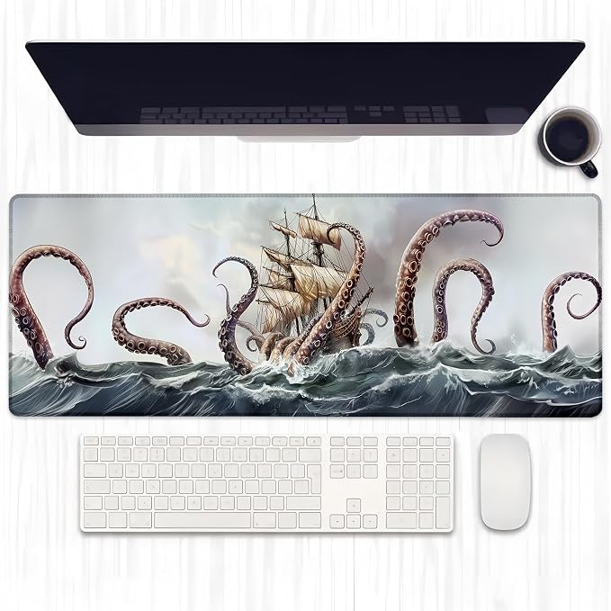 Octopus Attack Gaming Mouse Pad, Extended Nautical Sailboat Design Desk Mat Computer Laptop Mousepad, Robust Stitched Edges, 31.5"×11.8" Large Office Keyboard Mouse Pads for Desktop Decor