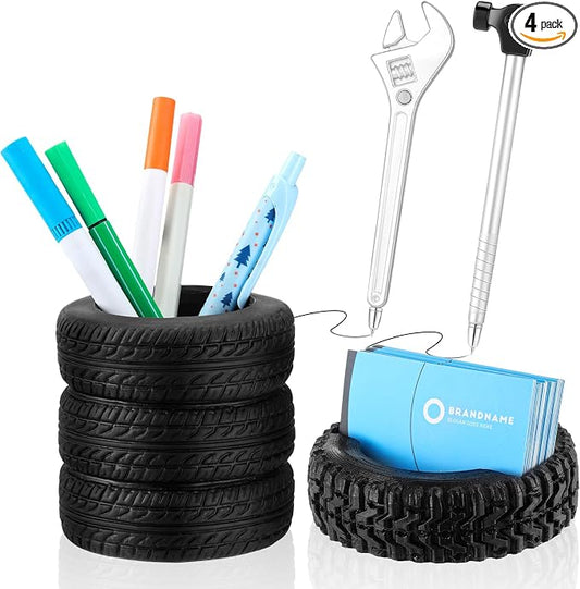 Eersida 4 Pcs Tire Shape Stationery Set Tire Shaped Pen Holder Automotive Business Card Organizer Tool Ballpoint Pens for Man Desk Office School Cool Mechanic Gifts Car Lovers Accessories