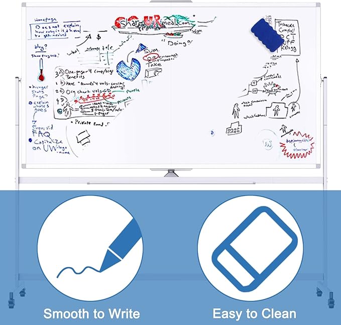Double Sided Rolling Whiteboard, 72 x 40 Large White Board with Stands, 360° Reversible Magnetic Dry Erase Board on Wheels for School, Classroom, Office