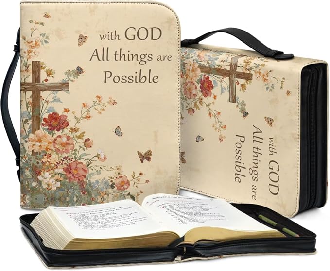 Vintage Style Floral and Cross Bible Case with Bookmark Waterproof Bible Cover Case for Women Lightweight Bible Bag with Handle Pockets Church Book Bag Beige