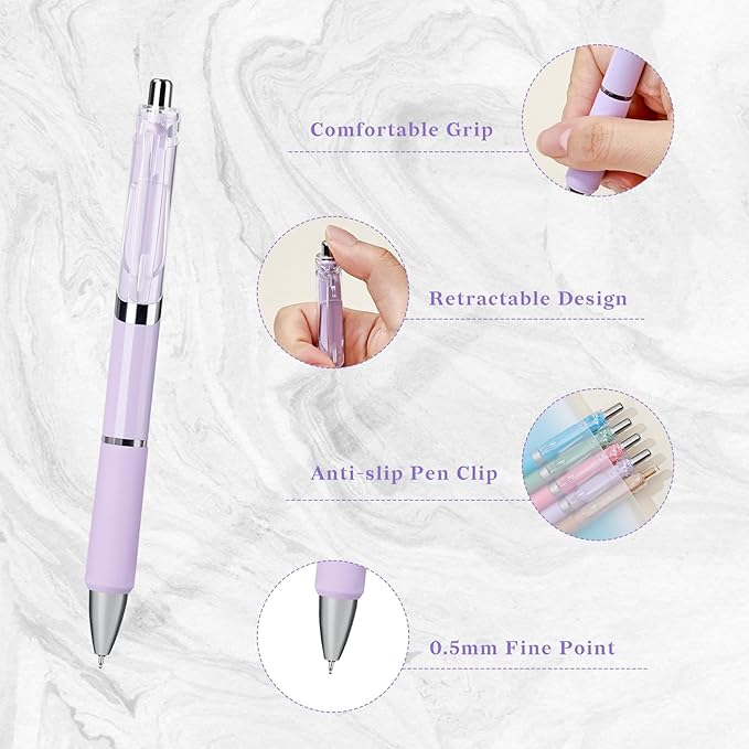 Temiary 5 Pcs Retractable Gel Pens, 0.5 mm Black Ink Fine Point Quick Dry Gel Ink Pen, Aesthetic Smooth Writing for School Office Journaling Note Taking and Sketching (Purple)