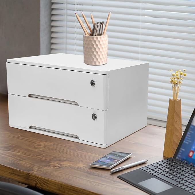 Wooden Desktop Storage Box with Lockable Drawers, Flat File Cabinet Drawer Desktop Storage Box, Countertop Storage Cabinet for Office Home Toiletries Supplies Vanity (White, 2 Drawer)