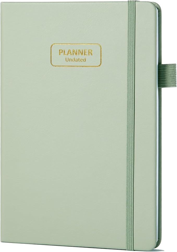 Comkiso Undated Weekly and Monthly Planner with Adhesive Tabs, A5 Dateless Academic Planner for Women & Men Daily Planning, Hardcover Leather All In One Planner for Home School Work Organizer (Green)