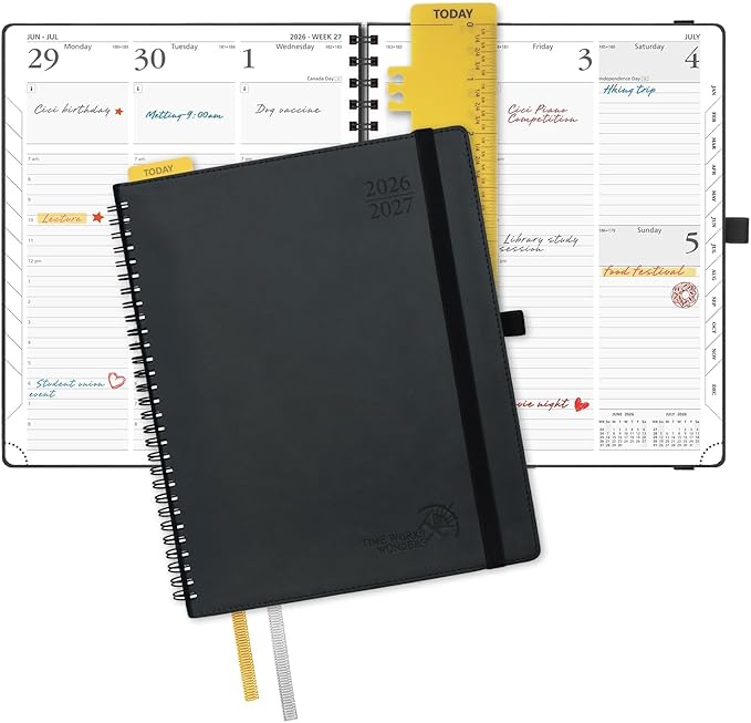 POPRUN Planner 2026-2027 (Large - 8.5'' x 10.5'') Academic Weekly Calendar (July 2026 - June 2027) with Hourly Time Slots, Monthly Tabs, 100GSM Thick Papers, Spiral Leather Cover - Black