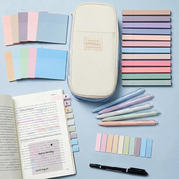 Jutom 39 Pcs Aesthetic Book Annotation Kit Highlighter with Pencil Case Bag Gel Pen Transparent Sticky Note Taking Bible Study College School Supplies(Light Blue,Cute Style)