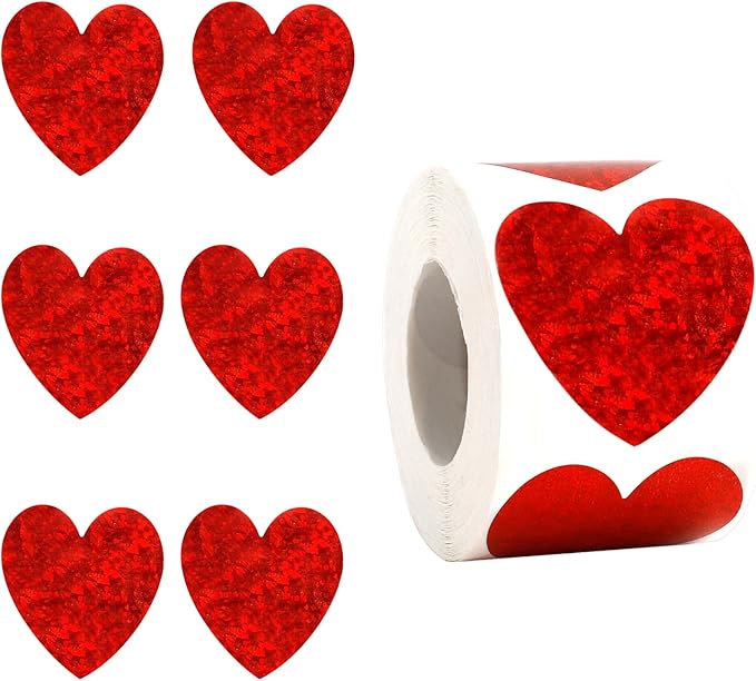 Heart Stickers, 500Pcs Glitter Red Heart Stickers, 1.5" Shiny Self Adhesive Foil Red Love Decorative Labels for Valentine's Day, Wedding, Anniversaries, Mother's Day, Award Classroom Supplies