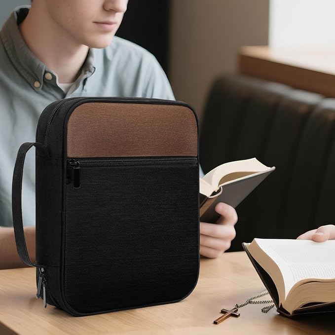 Bible Cover Bible Case for Men Canvas Carrying Cases Book Protector Case Bible Bag with Durable Handle Study Supplies Accessories Christian Gifts (Brown+Black, Large)