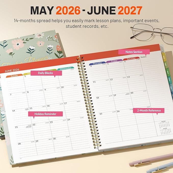SUNEE Teacher Planner 2026-2027 Academic Year, 7 Periods Lesson Plan Book Jul 2026 - Jun 2027, 8.5"x11" Weekly Monthly Organizers Vertical Layout with Calendars, Bookmark, Waterproof Cover, Wildflower