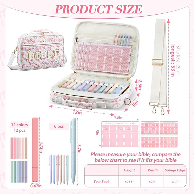 Sinload Quilted Bible Cover Case for Women 12 x 9 x 2.5 Inch Bible Chenille Letter Bag with Shoulder Strap Carrying Tabs 6 Colored Pens 12 Highlighters Christian Church Study Gifts(Pink,Love Bow)