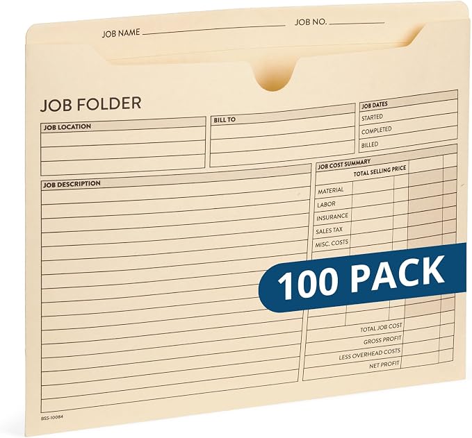 100 Blue Summit Supplies Job Folders Construction, 10 x 12 Inches, Project Folders with Preprinting for Job Tracking, Manila Job Folders File Jacket – 100 Folders