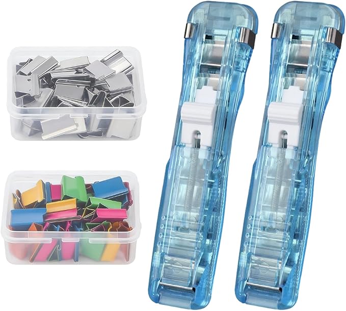 Portable Binder Clip Stapler - Includes 100 Reusable Clips, Compact No-Hole Binding Refillable Handheld Design, Portable Binder Clip Stapler for Office School Home Document Organization (Blue*2)