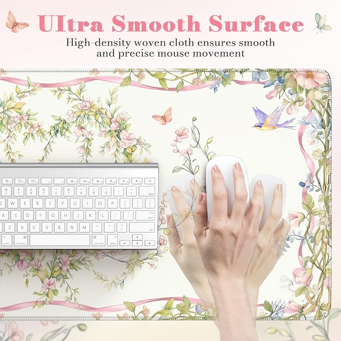 HAOCOO Floral Bow Desk Mat, Cute Keyboard Mat for Desk, XXL Mouse Pad with Non-Slip Base, Waterproof Computer Mat for Office Decor & Accessories, Girly Desk Organizers for Home