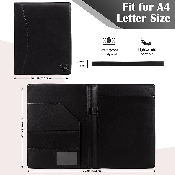 Free Engraved Name,Padfolio Portfolio PU Leather Binder,Interview Resume Folder,Business Card Holder, Organizer with A4 Legal Pads for Men Women(Black,Custom)