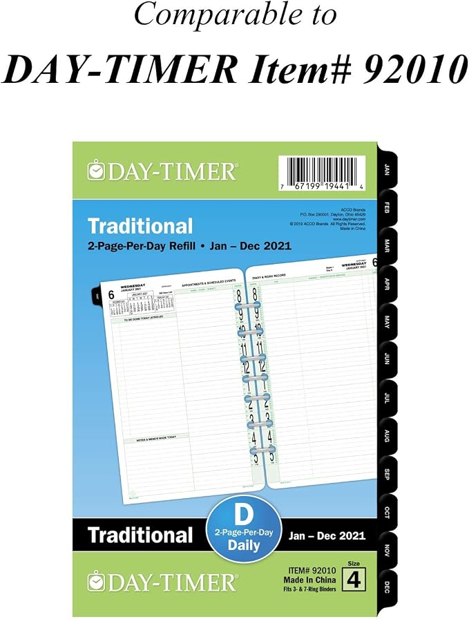 2021 Daily & Monthly Planner Refill by AT-A-GLANCE, 92010 DAY-TIMER, 5-1/2" x 8-1/2", Size 4, Two Page per Day (481-225A-21)