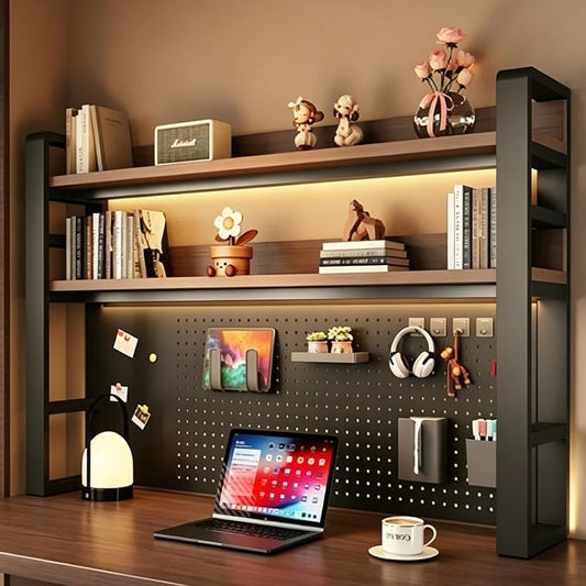 Desk Shelf Organizer with Pegboard & Storage Parts, 45kg Heavy Duty Desk Hutch, Desktop Storage Rack for Office & Home Office Shelves Black Shelf/Walnut Board (3-Tier) 37.4×10×36.7"